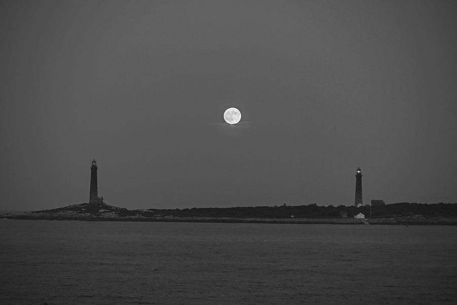 The moon rises over Thacher Island Lighthouse Rockport MA Two Lighthouses Black and White Photograph by Toby McGuire The moon rises over Thacher Island Lighthouse Rockport MA Two Lighthouses Black and White Photograph by Toby McGuire