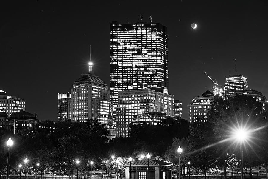 The moon rising over Back Bay and the Boston Common Boston Massachusettes Black and White Photograph by Toby McGuire