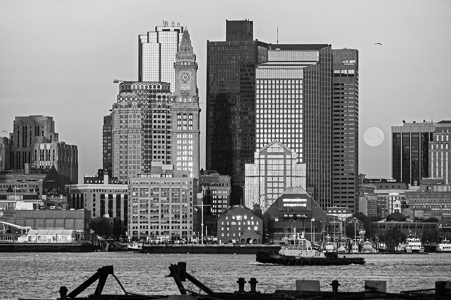 The moon Setting in Boston MA East Boston Black and White Photograph by Toby McGuire