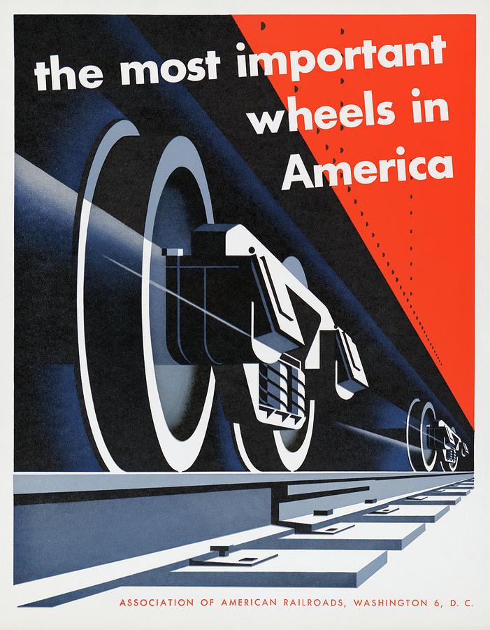 The Most Important Wheels In America - American Railroad - Joseph Binder 1952 Painting by War Is Hell Store