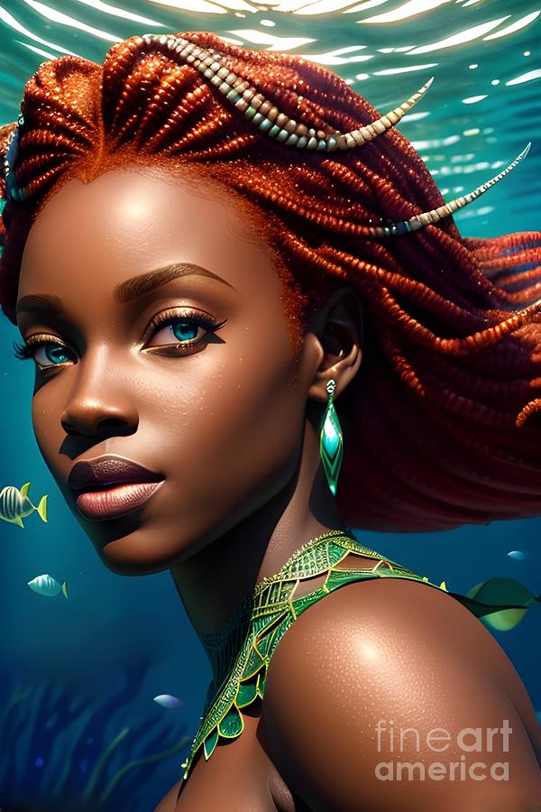 the Mystical Charm of an African Brown Sea Mermaid Portrait Digital Art by Artvizual Premium