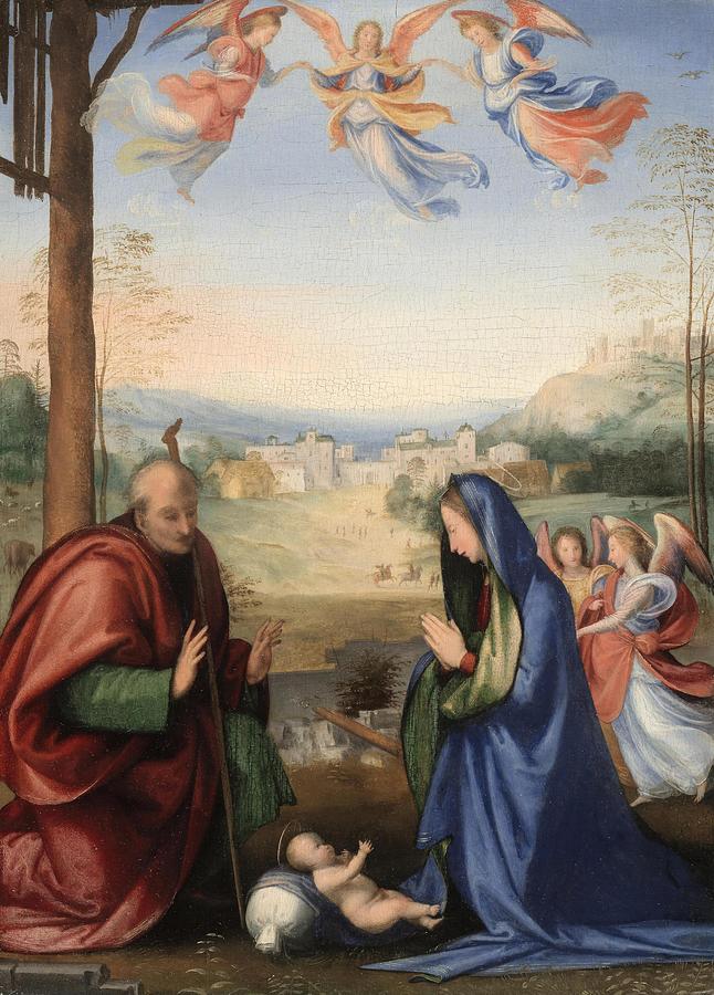 The Nativity. Fra Bartolommeo -Baccio della Porta-, Italian, 1472-1517. Painting by Fra Bartolommeo