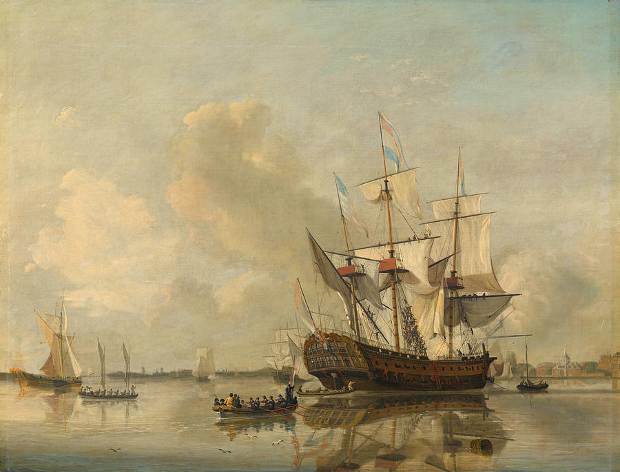 The Navys Frigate Rotterdam on the Maas off Rotterdam Painting by Nicolaas Baur