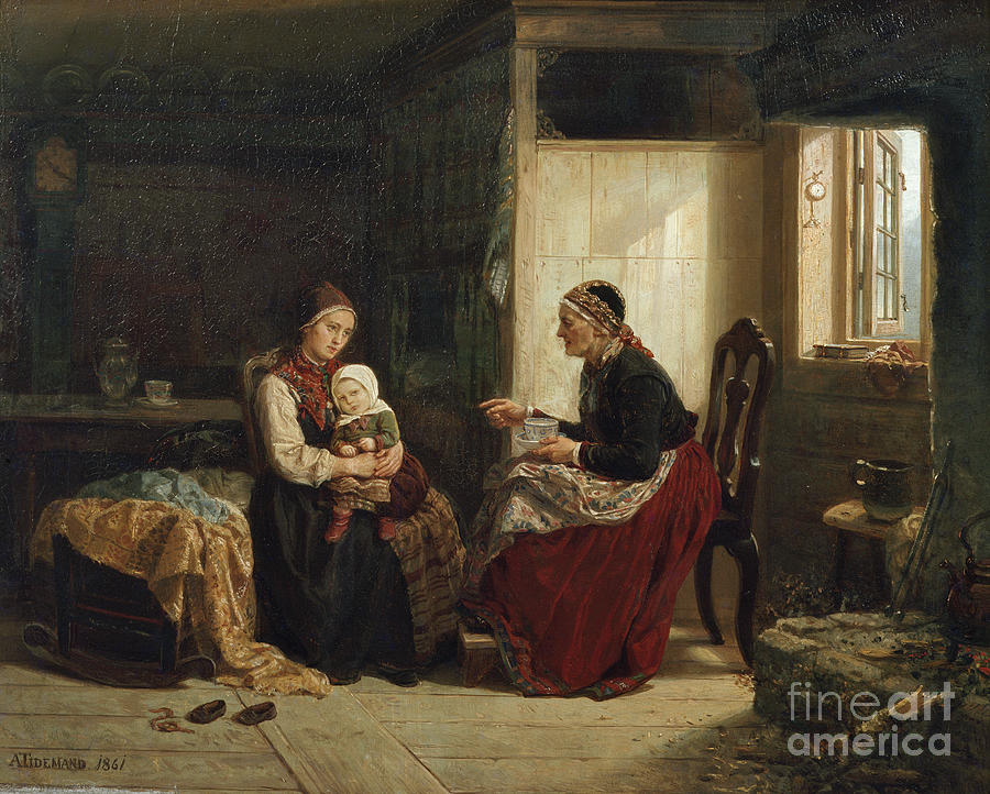 The neighbor wifes advice, 1861 Painting by O Vaering by Adolph Tidemand