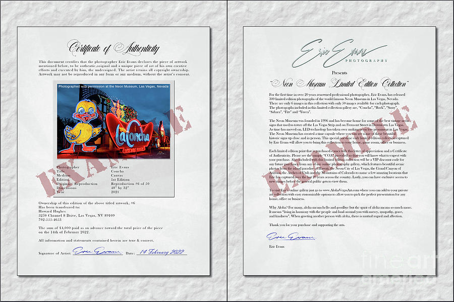 The Neon Museum Limited Edition Collection Certificate of Authenticity and Letter of Purchase Photograph by Aloha Art