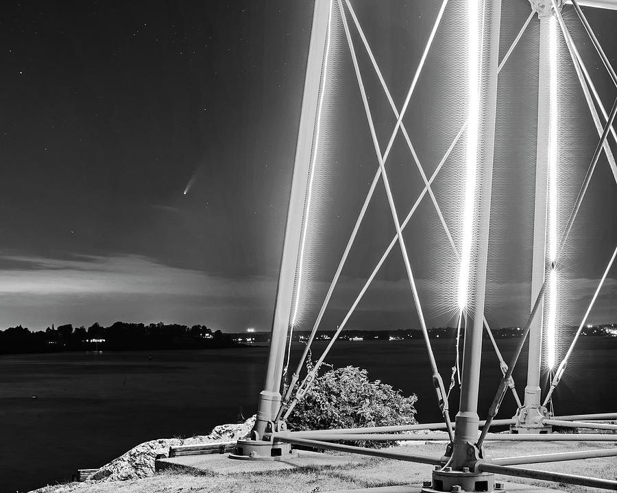 The NEOWISE Comet over Marblehead Harbor Marblehead Massachusetts Light Tower LIghthouse BW Photograph by Toby McGuire