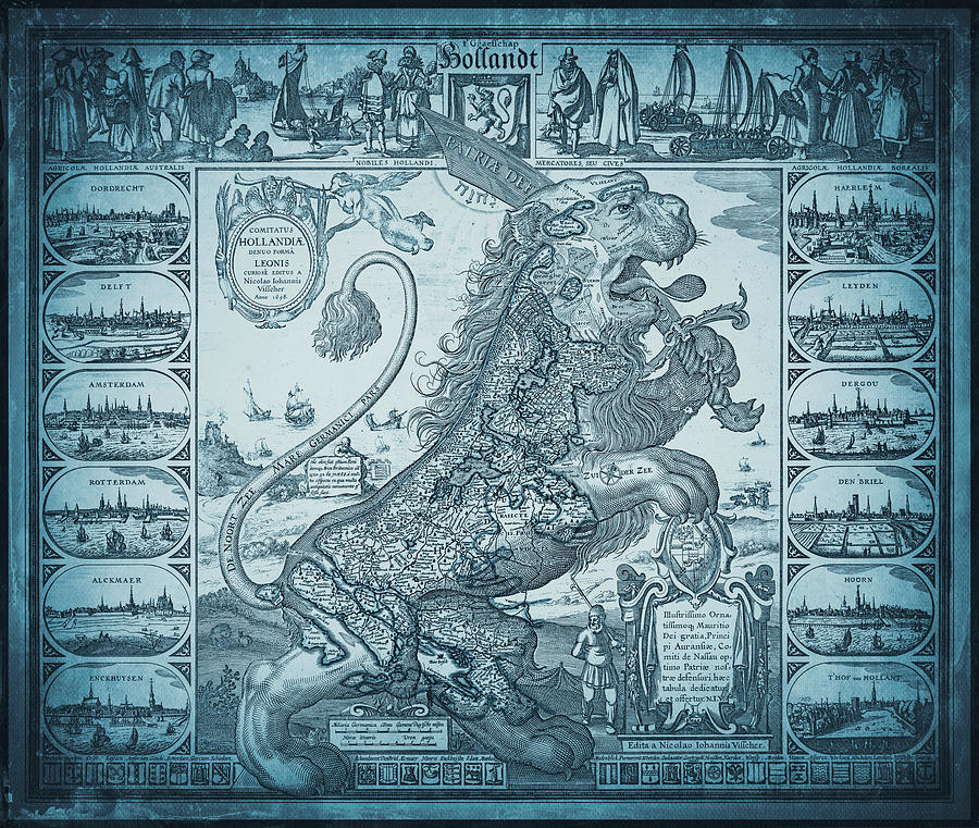 Vintage Photograph - The Netherlands Holland Vintage Antique Lion Map 1648 Blue by Carol Japp