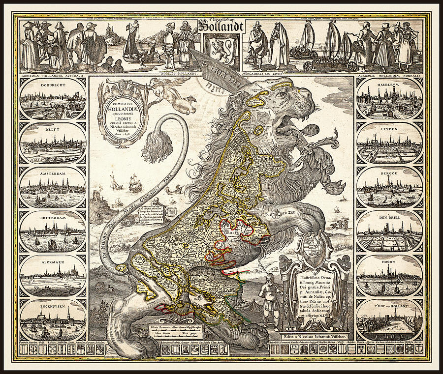 Vintage Photograph - The Netherlands Holland Vintage Antique Lion Map 1648 by Carol Japp