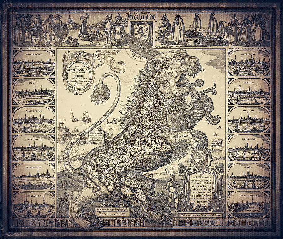 Vintage Photograph - The Netherlands Holland Vintage Antique Lion Map 1648 Sepia by Carol Japp