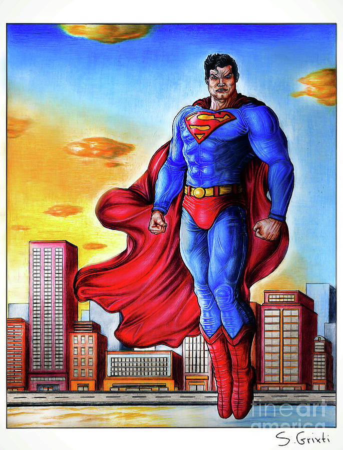 The New Mighty Superman rising at sunrise - Pencil drawing2 Drawing by Stephan Grixti