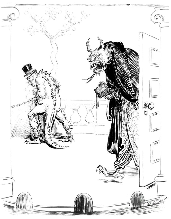 The New Morality Play. Exit Demon Rum, Enter Drug Habit Drawing by William Allen Rogers