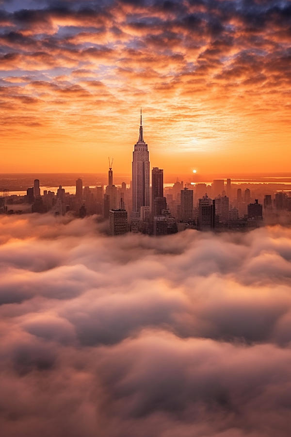 the  new  york  city  skyline  under  the  fog  sunrise  by Asar Studios Painting