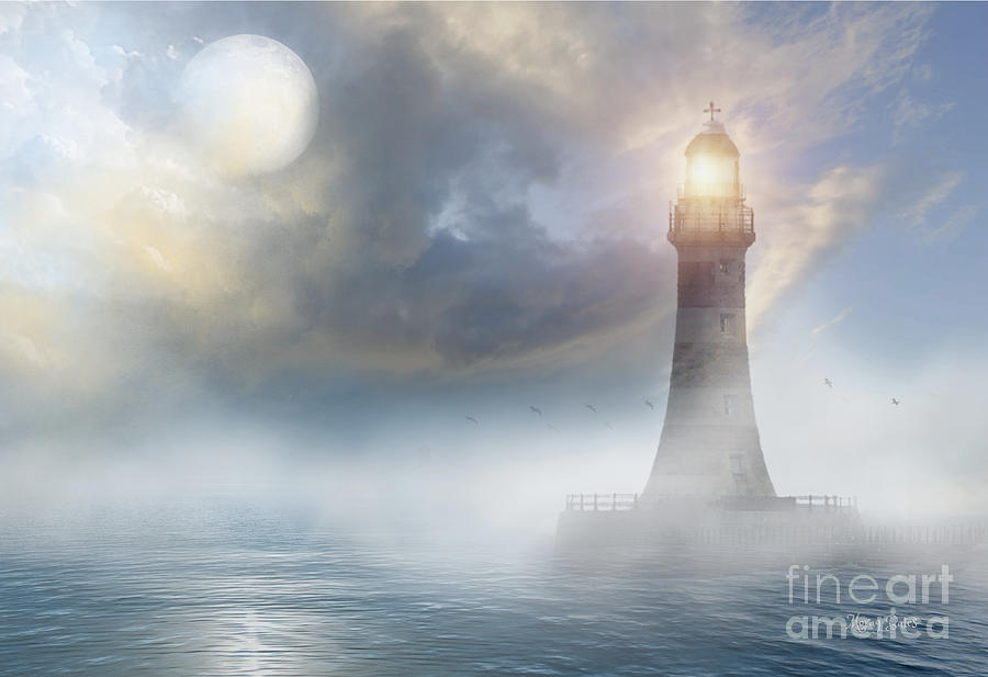The North Sea and Roker Lighthouse in Moonlight  Mixed Media by Morag Bates