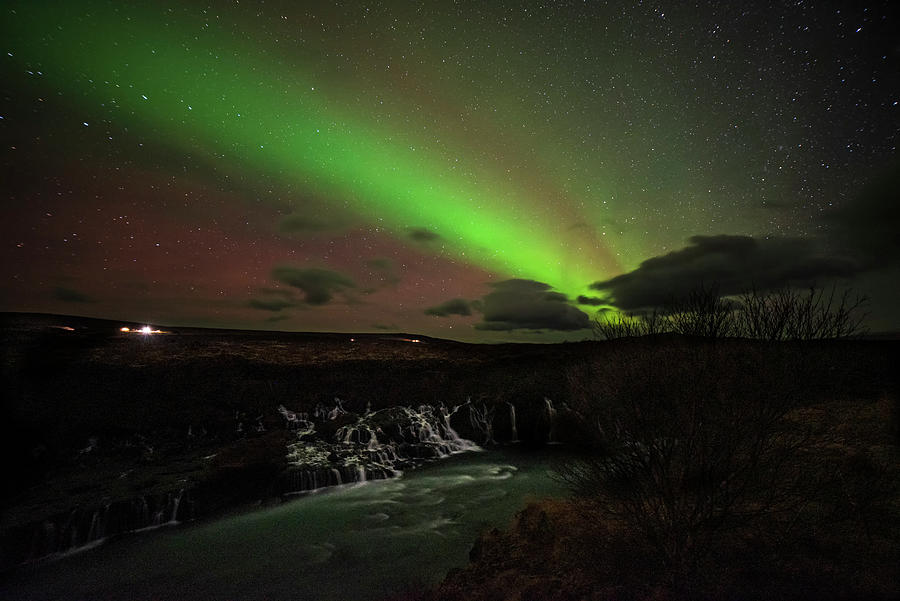 The Northern Lights run through the Big Dipper in Reykolt Iceland  Hraunfossar Waterfall Photograph by Toby McGuire