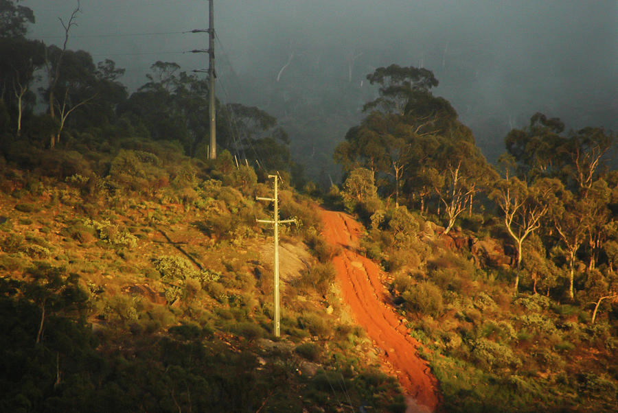 The nowhere track - a red earth track leading into the mists of  Photograph by Jeremy Holton
