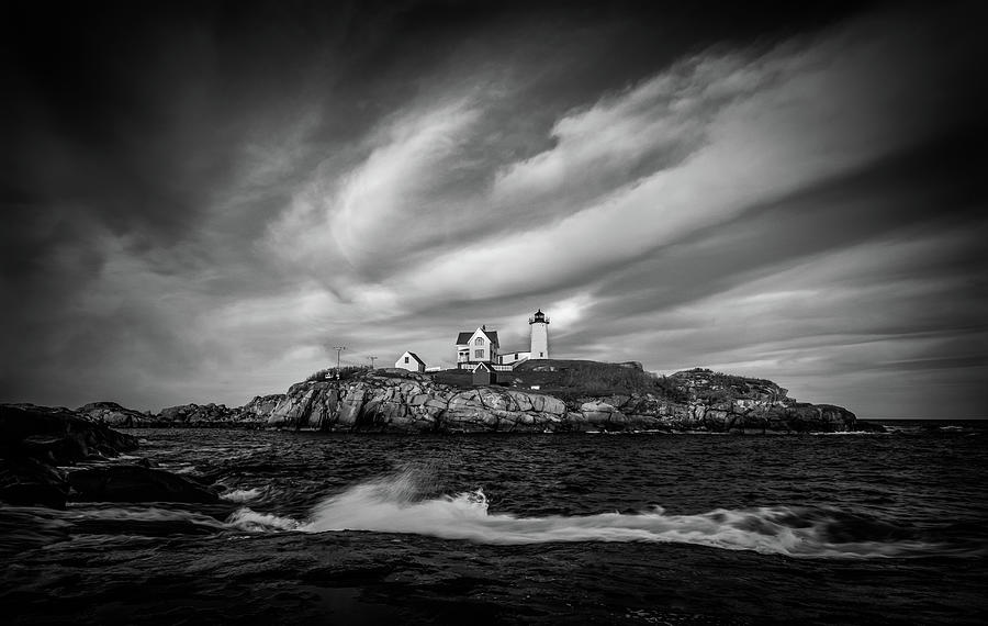 Black And White Photograph - The Nubble Lighthouse by Mike Montalvo
