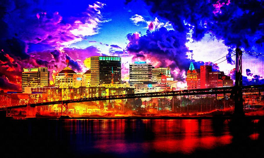 The Oakland Bay Bridge and the downtown Oakland skyline at twilight Digital Art by Nicko Prints