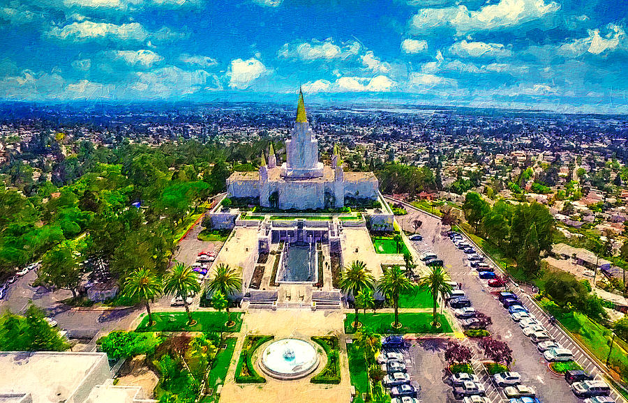 The Oakland California Temple aerial - digital painting Digital Art by Nicko Prints