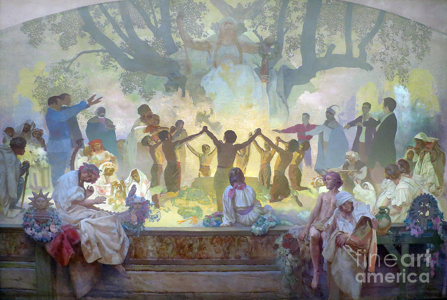 The Oath of Omladina under the Slavic Linden Tree Painting by Alphonse Mucha