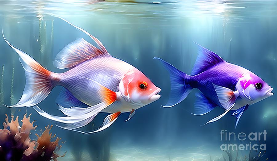 The Oceans Marvels - Two Graceful Fish in a Breathtaking Art  Mixed Media by Artvizual Premium