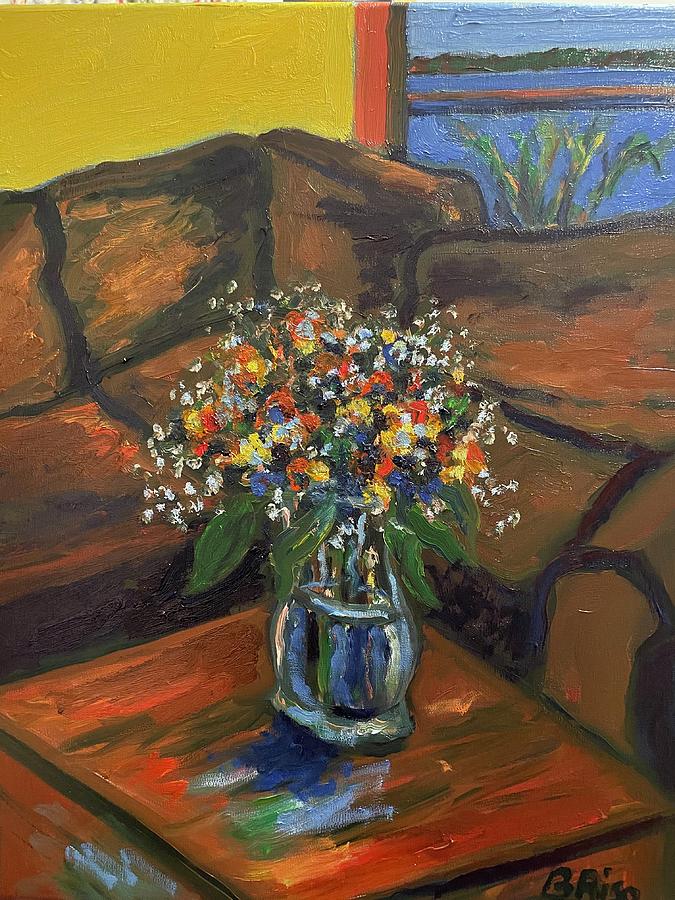 The Office office still life base flowers Painting by Beth Riso