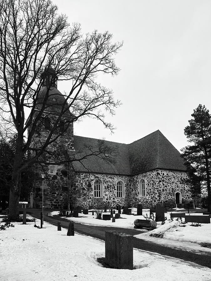 Spring Photograph - The Old Church of  Kangasala  on a gray day bw by Jouko Lehto
