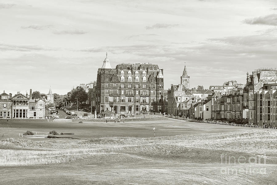 Golf Photograph - The Old Course Behind the 1st Green Looking Towards Town and the 18th - sepia tone by Scott Pellegrin
