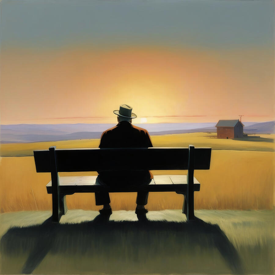 Sunset Painting - The old lonely man by My Head Cinema