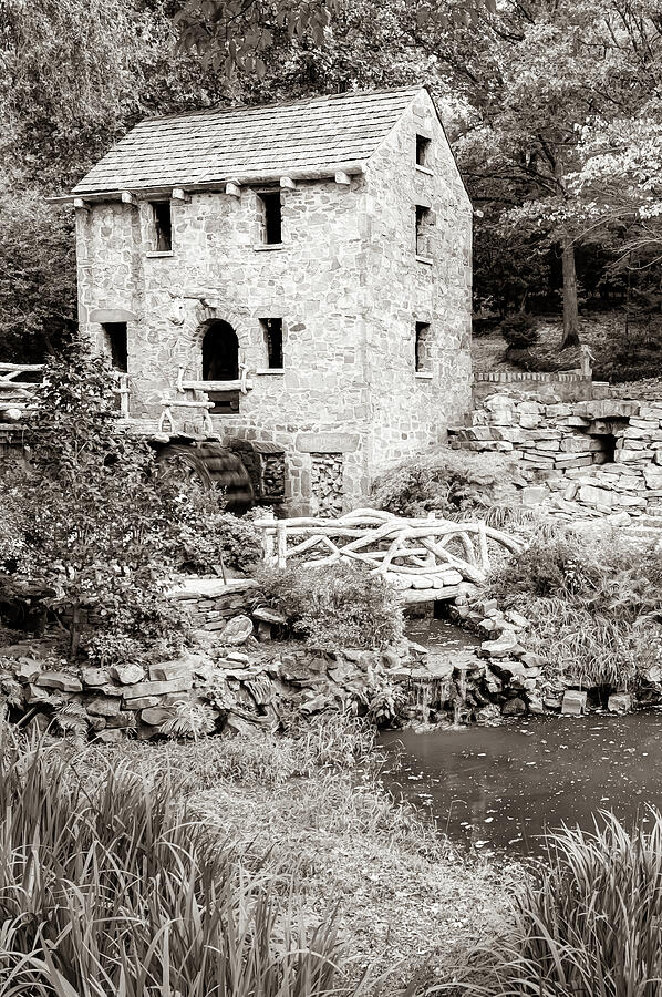 The Old Mill Nestled In Tranquility - North Little Rock Arkansas - Sepia Photograph by Gregory Ballos