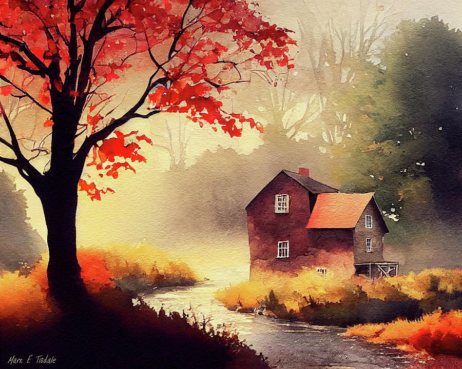 The Old Mill On A Foggy Morning in Autumn Digital Art by Mark Tisdale