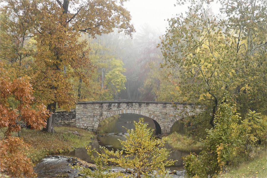 The Old Stone Bridge in Autumn Mixed Media by Lori Deiter
