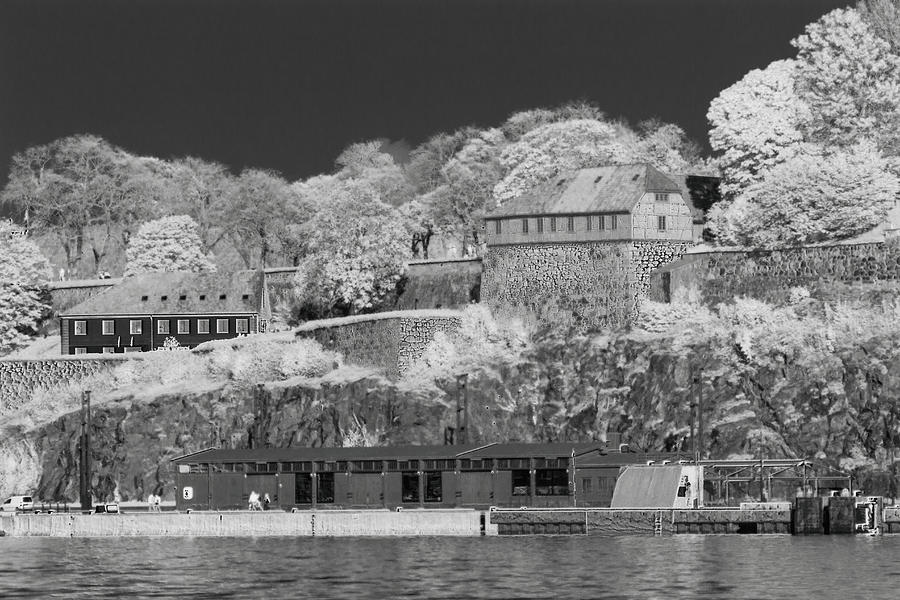 The old town of Oslo from the sea in infrared black and white Photograph by Maria Dimitrova
