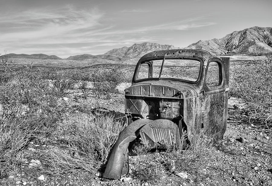 The Old Truck in the Chinati Mountains Black and White Photograph by JC Findley