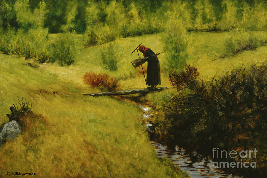 The old woman by the stream, 1899 Painting by O Vaering by Theodor Kittelsen