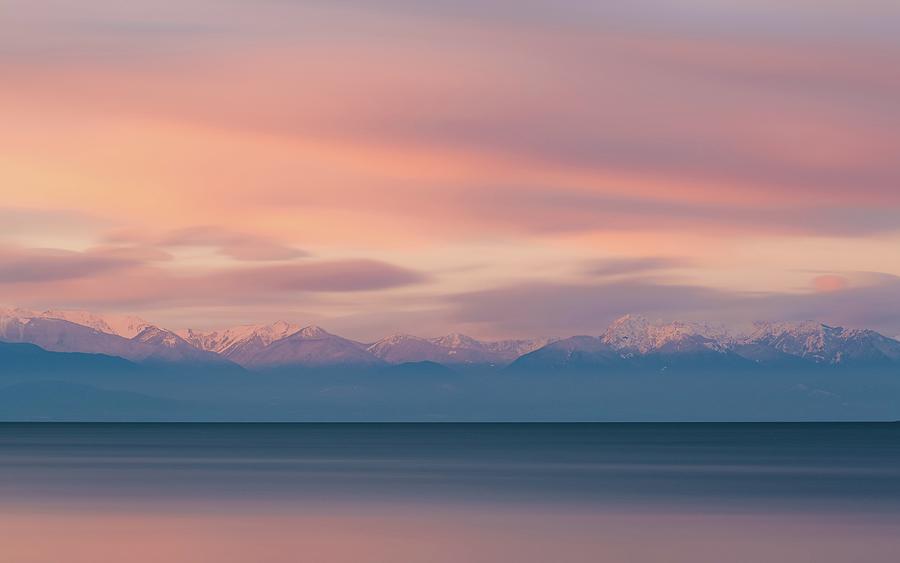 The Olympic Mountain Range As Seen From Deception Pass During Sunrise In Washington  - Body Of Water With Golden Time - Deception Pass, United States Photograph