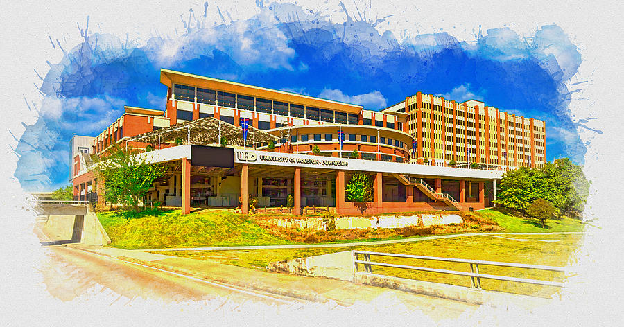 The One Main Building of the University of Houston-Downtown - watercolor painting Digital Art by Nicko Prints