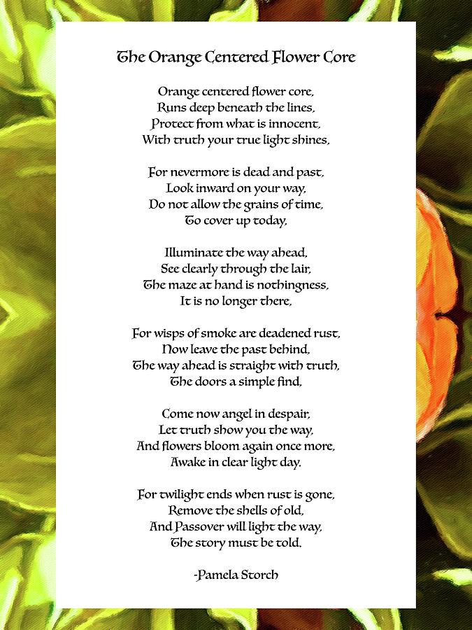 Poems Digital Art - The Orange Centered Flower Core Poem by Pamela Storch