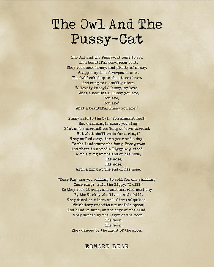 The Owl And The Pussy Cat Edward Lear Poem Literature Typewriter Print 3 Vintage Digital 