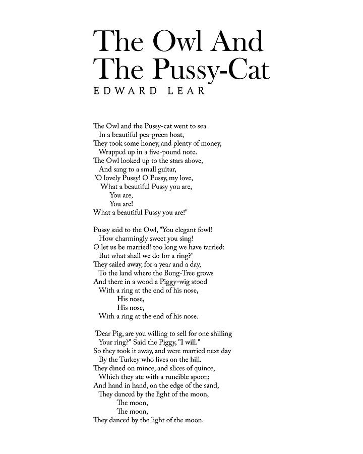 The Owl And The Pussy Cat Edward Lear Poem Literature Typography Print 1 Digital Art By 