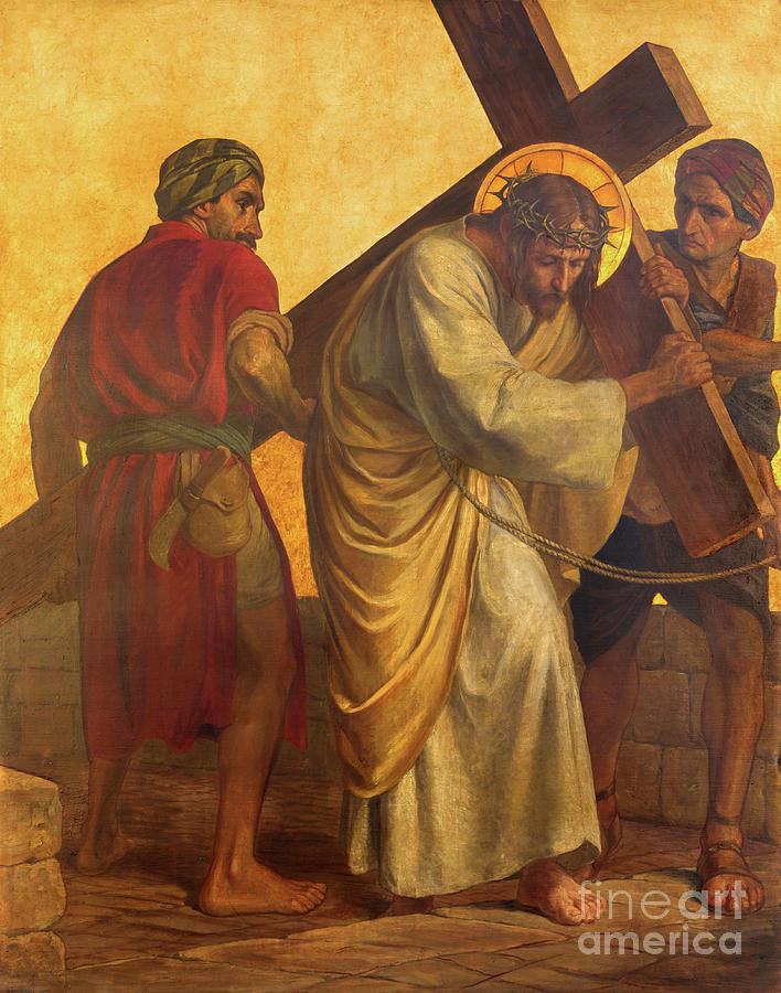 The paint on the metal plate - Simon of Cyrene helps Jesus carry the ...