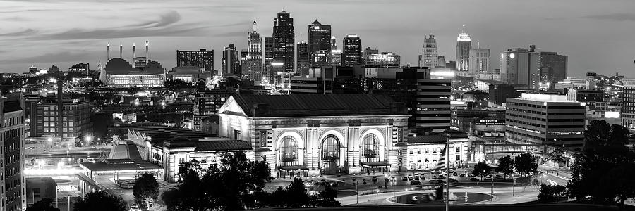 The Panoramic Skyline of Kansas City And Union Station At Dusk - Black and White Photograph by Gregory Ballos