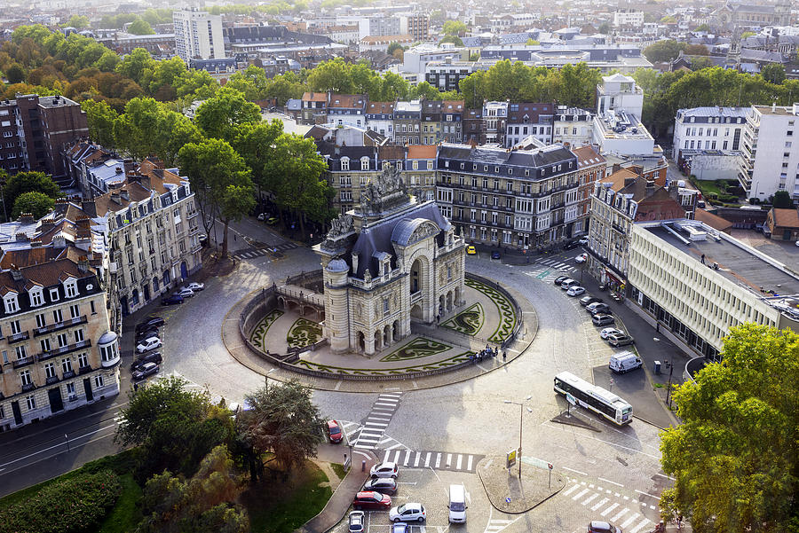 The Paris Gate Monument (Porte de Paris), view from the Belfry of Lille City Hall in october, Lille, North of France Photograph by Pierre Longnus