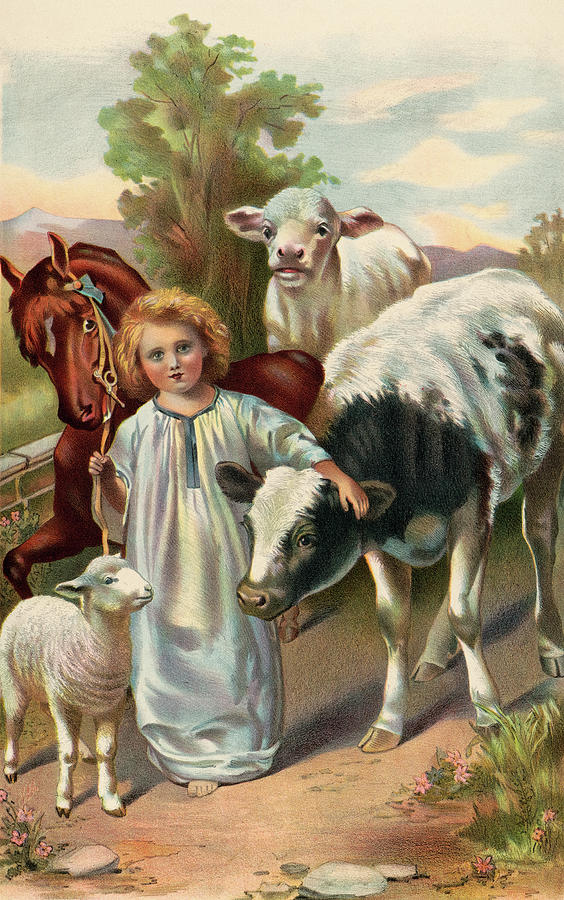 The Peace, Child with Lamb, Horse, and Cows Painting by American School ...