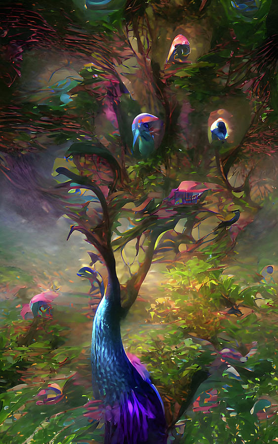 Surreal Tree Mixed Media - The Peacock Tree Surrealism by Georgiana Romanovna