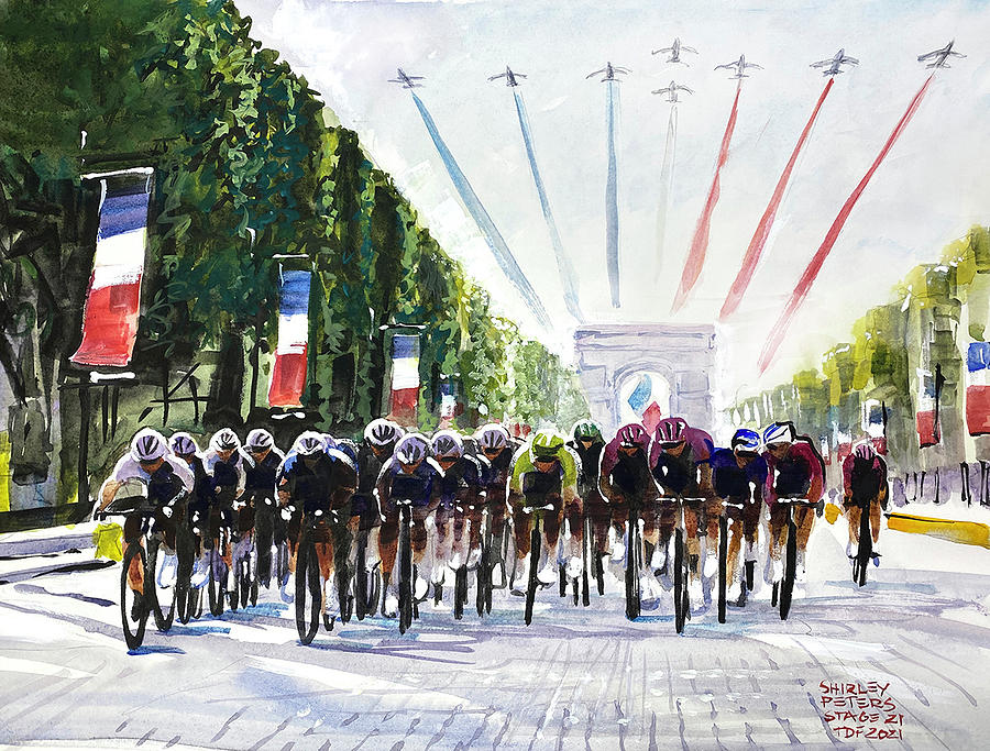 The Peloton and The Air Force. Stage 21, TDF 2021 Painting by Shirley Peters