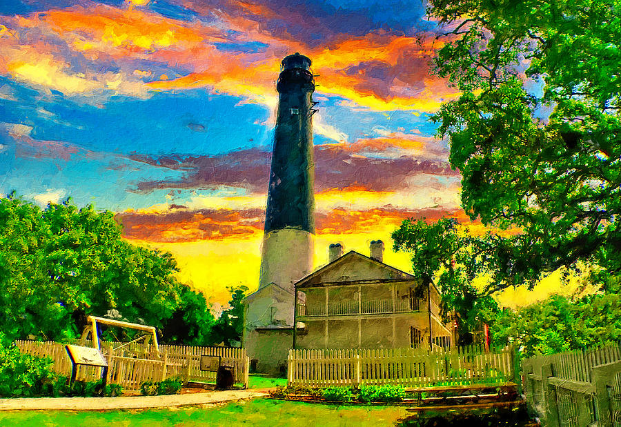 The Pensacola lighthouse and maratime museum at sunset - digital painting Digital Art by Nicko Prints