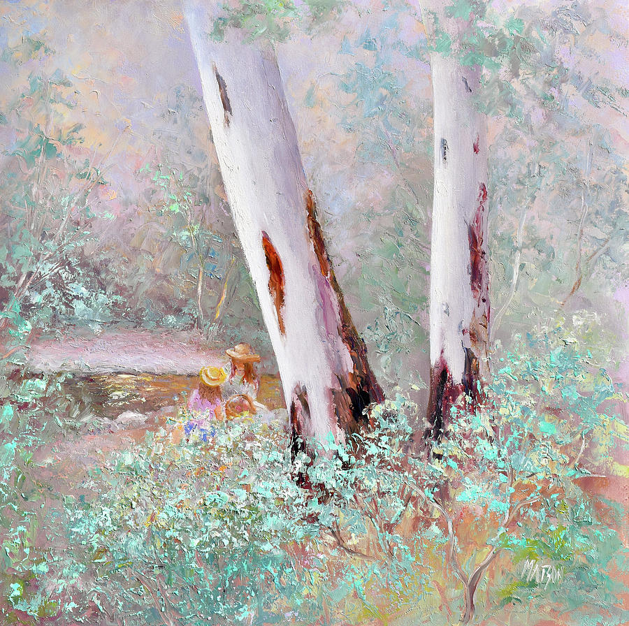 The Picnic by the stream, an Australian gum trees landscape Painting by Jan Matson
