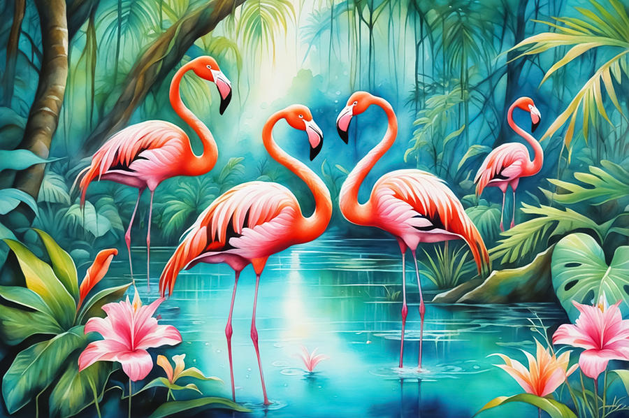 Flamingo Digital Art - The Pink Flamingo Garden by Manjik Pictures