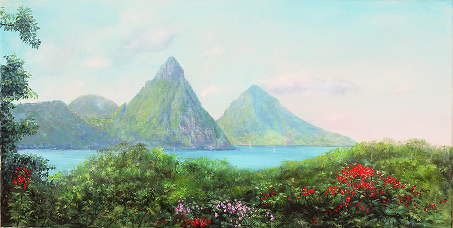 The Pitons with Flamboyant Tree Painting by Jonathan Guy-Gladding JAG