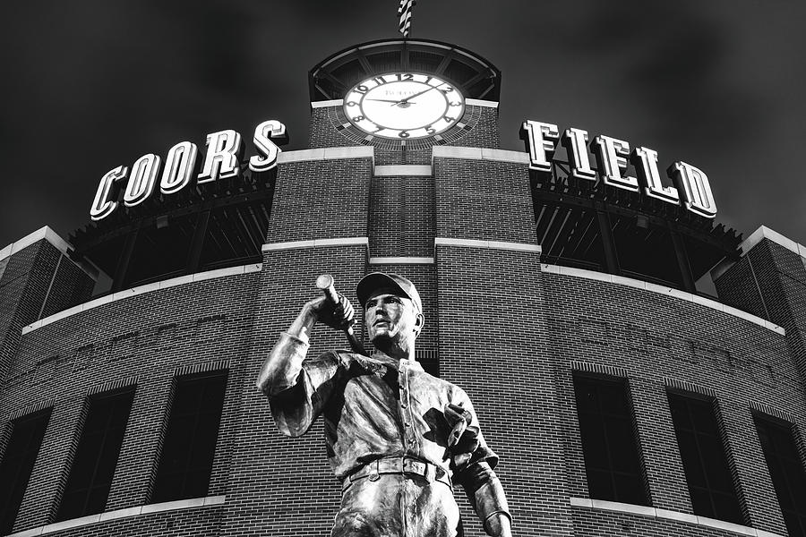 The Player Statue And Denver Colorado Baseball Stadium - Black and White Photograph by Gregory Ballos